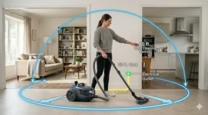 An illustration showing the long reach of a canister vacuum’s telescopic wand and power cord, covering a large room from one outlet.