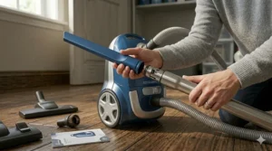 Using a crevice tool attachment on a compact canister vacuum to clean between sofa cushions.