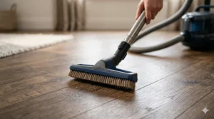 Close-up illustration of a canister vacuum’s soft parquet brush gently cleaning dust from dark wood flooring.