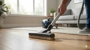 A photorealistic 4K extreme close-up illustration focusing sharply on the specialized soft-bristle parquet brush head of a canister vacuum as it glides across a polished hardwood floor.
