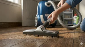 Close-up of a compact canister vacuum brush head cleaning dust from dark hardwood flooring.