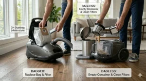 Comparison illustration of bagged and bagless canister vacuum maintenance for hardwood floor debris.