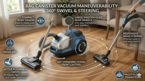 Illustration demonstrating the 360-degree swivel wheels and maneuverability of a compact bagged canister vacuum.