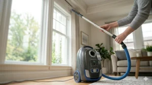 A compact canister vacuum with a long telescoping wand reaching high ceiling corners and cobwebs.