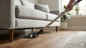 A photorealistic 4K close-up illustration from a low perspective, showing the thin, low-profile powerhead of a canister vacuum reaching deep underneath a living room sofa.