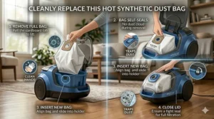 A step-by-step visual guide on how to cleanly replace a synthetic dust bag in a canister vacuum.