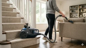 A lightweight canister vacuum sitting securely on a stair step while the user cleans the upholstery above.