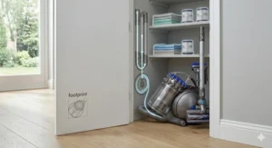 Illustration of a compact bagless canister vacuum with a retractable cord stored neatly in a small closet.