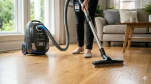 A compact canister vacuum with a soft brush attachment cleaning polished hardwood flooring.