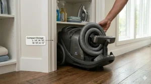 Illustration of a space-saving canister vacuum stored neatly in a small utility closet.