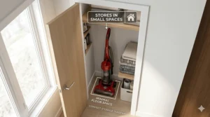 An illustration of a compact upright vacuum fitting neatly into a small apartment closet for space-saving storage.