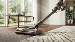 A photorealistic close-up of a cordless stick vacuum brush head transitioning from oak hardwood flooring to a textured area rug, showcasing its multi-surface cleaning capabilities.