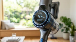 Close-up of a digital display on a long battery cordless stick vacuum showing 45 minutes of remaining runtime in Eco Mode.