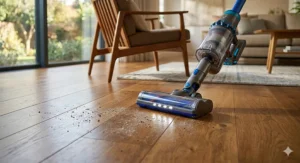 A detailed close-up of a cordless stick vacuum head picking up fine dust from dark hardwood planks.