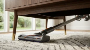 A close-up view of a cordless stick vacuum brush head pivoting to clean dust and pet hair on a hardwood floor under a low sofa.