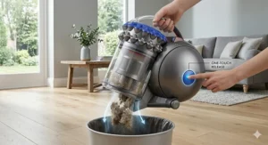 Step-by-step illustration of a one-touch button release for a bagless vacuum dust bin.
