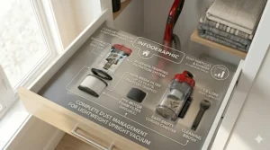 Illustration of a one-touch easy-empty dust cup on an affordable lightweight upright vacuum cleaner.