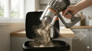 A photorealistic image of a user demonstrating the one-touch hygienic bin emptying feature of a grey and orange cordless stick vacuum over a trash can.