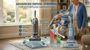 Illustration of a vacuum head rotating 180 degrees to show easy swivel steering around furniture legs without straining the wrist.