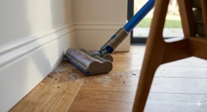 A high-resolution close-up of a cordless vacuum cleaner removing fine grey dust from the tight crevice and edge of a white baseboard on polished hardwood flooring.