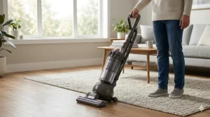 A photorealistic 4K illustration focusing sharply on a user’s hand comfortably grasping the ergonomic handle of a modern, dark grey upright vacuum cleaner.