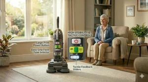 Detailed illustration of oversized, high-contrast power and floor-type buttons located on the handle for easy thumb access.