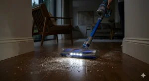 A photorealistic low-angle close-up of a cordless stick vacuum head with integrated LED headlights illuminating fine dust, pet hair, and debris on dark-stained oak hardwood floors in a sunlit hallway.