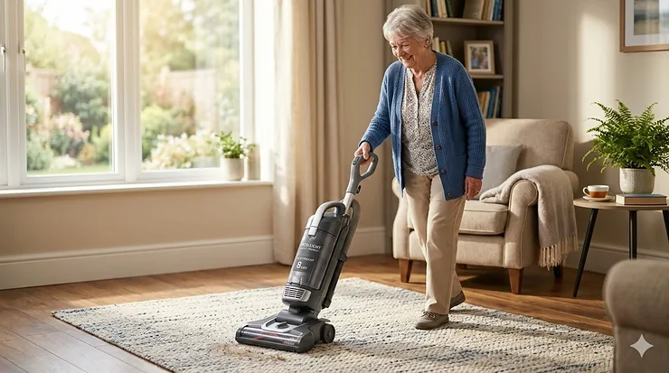 A senior woman easily pushing a lightweight upright vacuum cleaner across a living room rug, highlighting its maneuverability and ergonomic design. lightweight upright vacuum for elderly