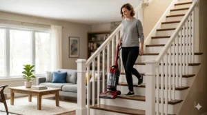 Illustration showing a lightweight upright vacuum being easily carried up a flight of stairs to demonstrate portability.