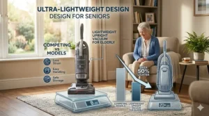 A diagram comparing the 8-pound weight of a lightweight upright vacuum for elderly users against a heavy traditional 20-pound model.
