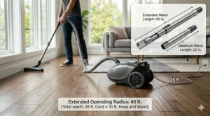 Graphic showing the extended cleaning reach of a canister vacuum across a large hardwood living room.