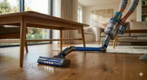 A photorealistic low-angle view of a flexible cordless stick vacuum reaching deep under a low-profile wooden coffee table on polished hardwood flooring.