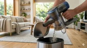 A person emptying the dust canister of a cordless stick vacuum into a trash bin with a simple one-touch release button.
