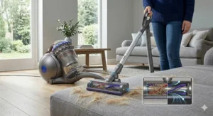 A specialized turbine tool attachment for a bagless canister vacuum removing pet hair from upholstery.