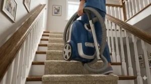 Person easily carrying a compact canister vacuum up a flight of stairs using the integrated handle.