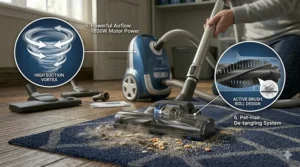 A compact canister vacuum lifting pet hair and debris from a low-pile area rug.