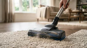 An electric powerhead attachment on a canister vacuum agitating carpet fibers to remove deep-seated dirt and debris.