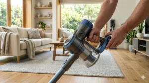 A user sliding a removable battery pack into a long battery cordless stick vacuum to extend the cleaning session.