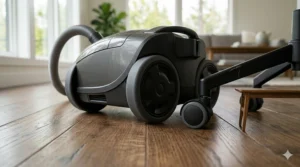Illustration showing non-marring rubber wheels on a canister vacuum to prevent scratches on wood floors.