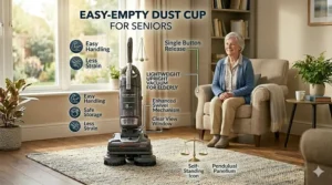 An illustration of an upright vacuum standing securely on its own to prevent tripping hazards and eliminate the need for bending over.