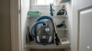 A small, space-saving canister vacuum stored neatly in a narrow utility closet.