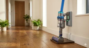 A photorealistic image of a cordless stick vacuum docked on a wall-mounted charging station in a bright, hardwood-floored hallway, showing a full charge light.