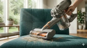 A photorealistic image of a high-suction cordless stick vacuum effectively removing stubborn pet hair and dander from a plush fabric armchair.