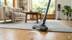 A long battery cordless stick vacuum with LED lights cleaning dust off a grey area rug and transition to hardwood flooring.