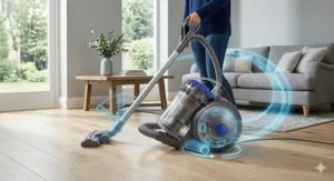 Close-up illustration of the 360-degree swivel wheels and low-profile head of a canister vacuum.