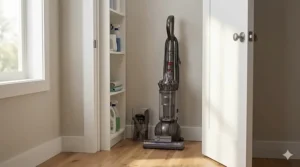 A photorealistic 4K illustration of an upright vacuum cleaner standing neatly in a small utility closet, illustrating its compact storage footprint and natural lighting.