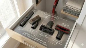 Illustration of various cleaning attachments included with a lightweight upright vacuum under $200, such as a crevice tool and dusting brush.