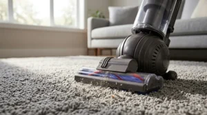 A photorealistic 4K illustration from a low angle showing the motorized brush roll of an upright vacuum agitating and lifting deeply embedded dust from a plush carpet.