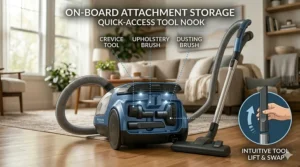 Illustration showing onboard tool storage for a bagged canister vacuum, including crevice and upholstery tools.