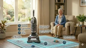 Illustration of bright LED headlights on a vacuum base illuminating dust under a sofa, assisting elderly users with low vision.
